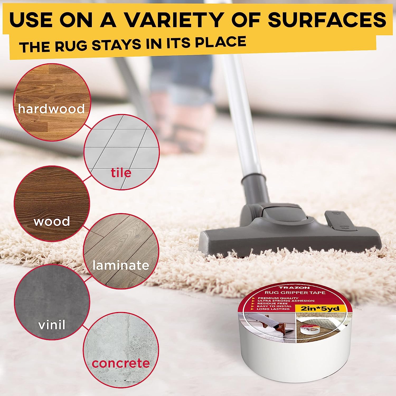 Trazon Carpet Tape Double Sided - Rug Tape Grippers for Hardwood Floors and Area Rugs - Carpet Binding Tape Strong Adhesive and Removable, Heavy Duty Stickers Tape, Residue Free (2 Inch / 5 Yards) - Image 5